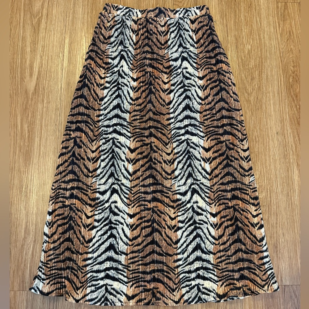 Dressed in LALA Tiger Stripe Midi Skirt in Brown, Black, White - Picture 3 of 4